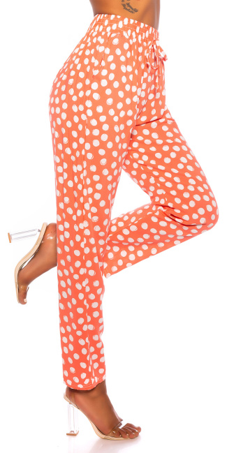 Trendy zomer broek met polka stippen koraal-kleurig